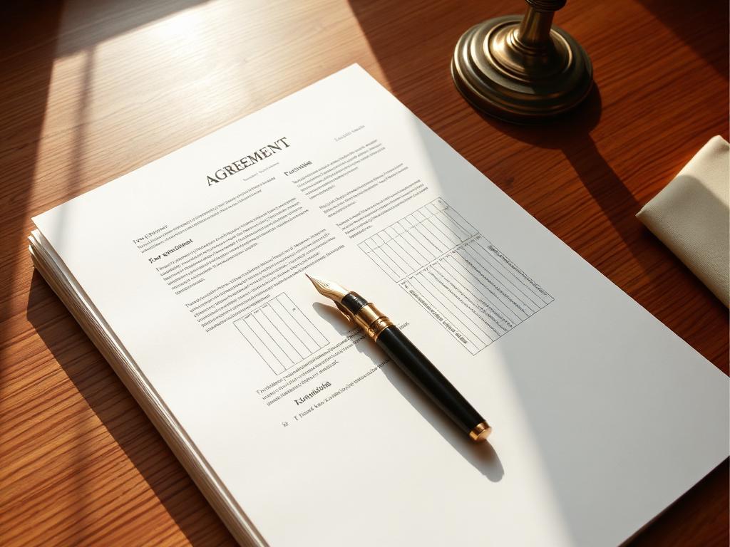 A multi-page printed employment agreement with a fountain pen and brass paperweight on a wooden desk