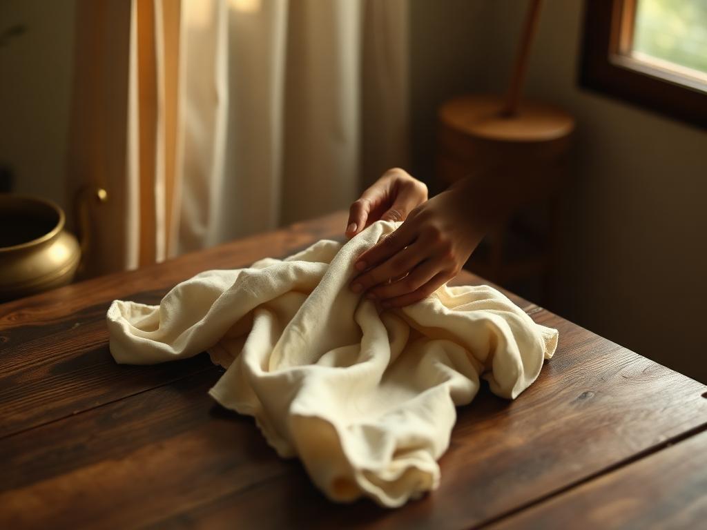 Hands folding fresh laundry on a wooden table in a Mumbai home