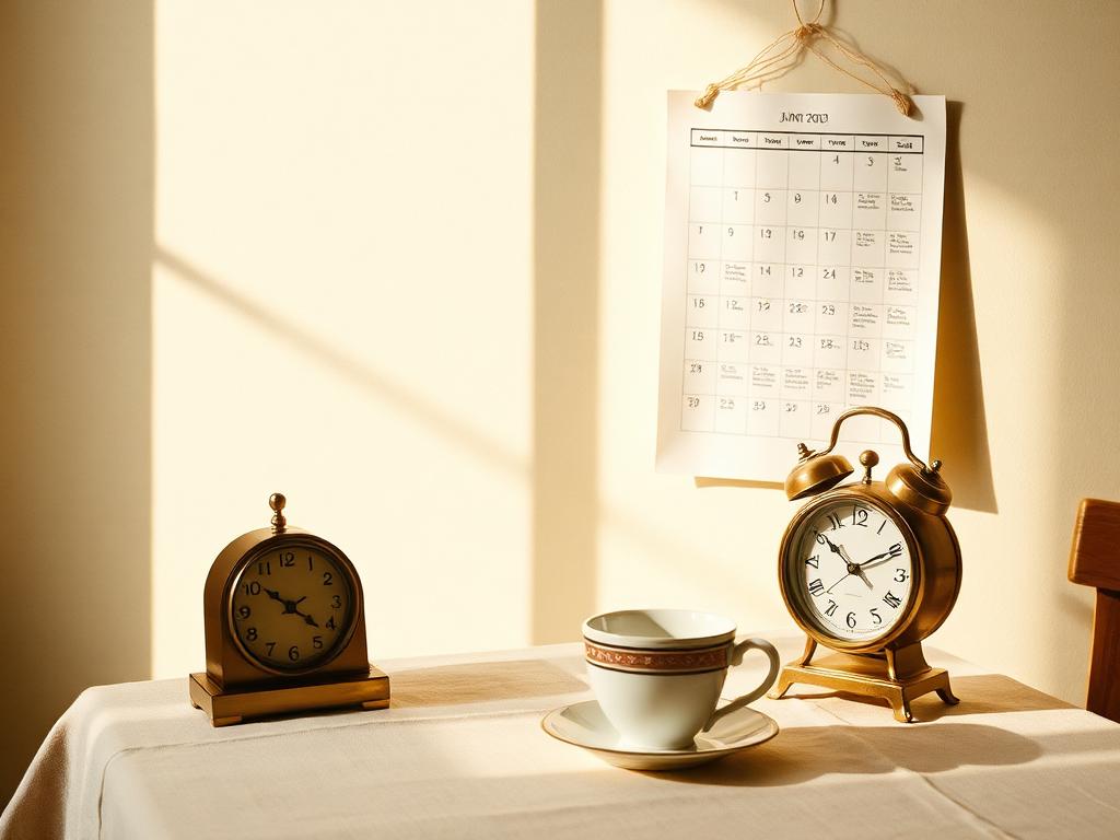 A paper wall calendar, a brass clock and a warm cup of tea on a linen tablecloth in soft daylight