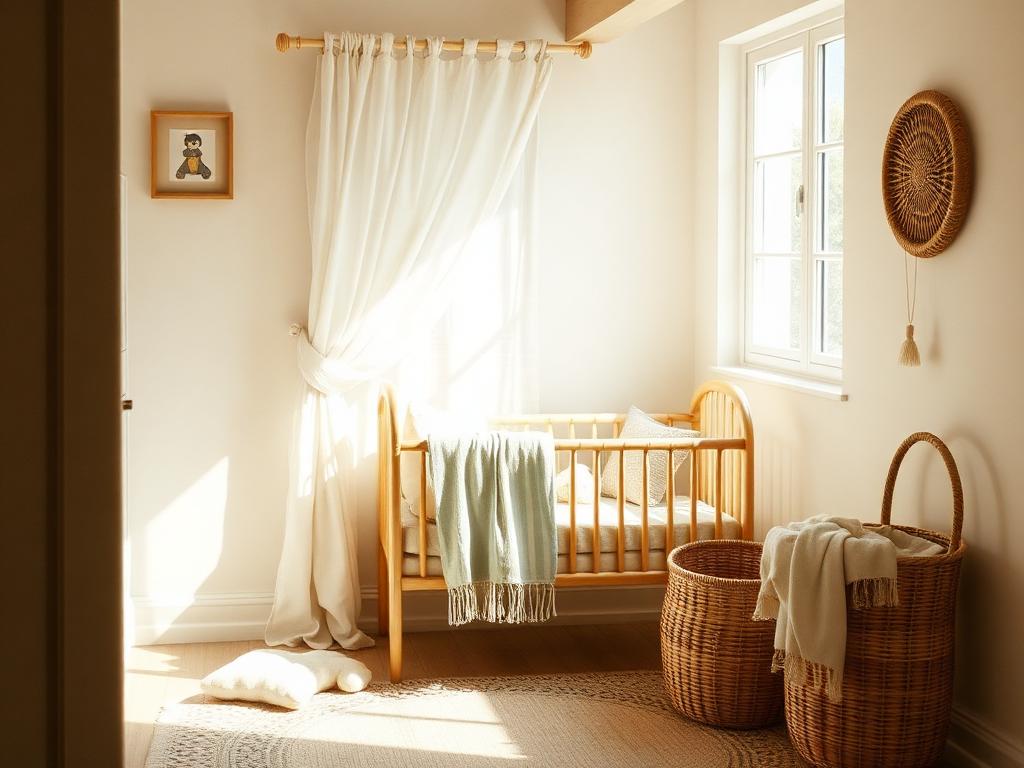 A sunlit nursery corner in an Indian home with a wooden cot, cotton blankets and a cane basket