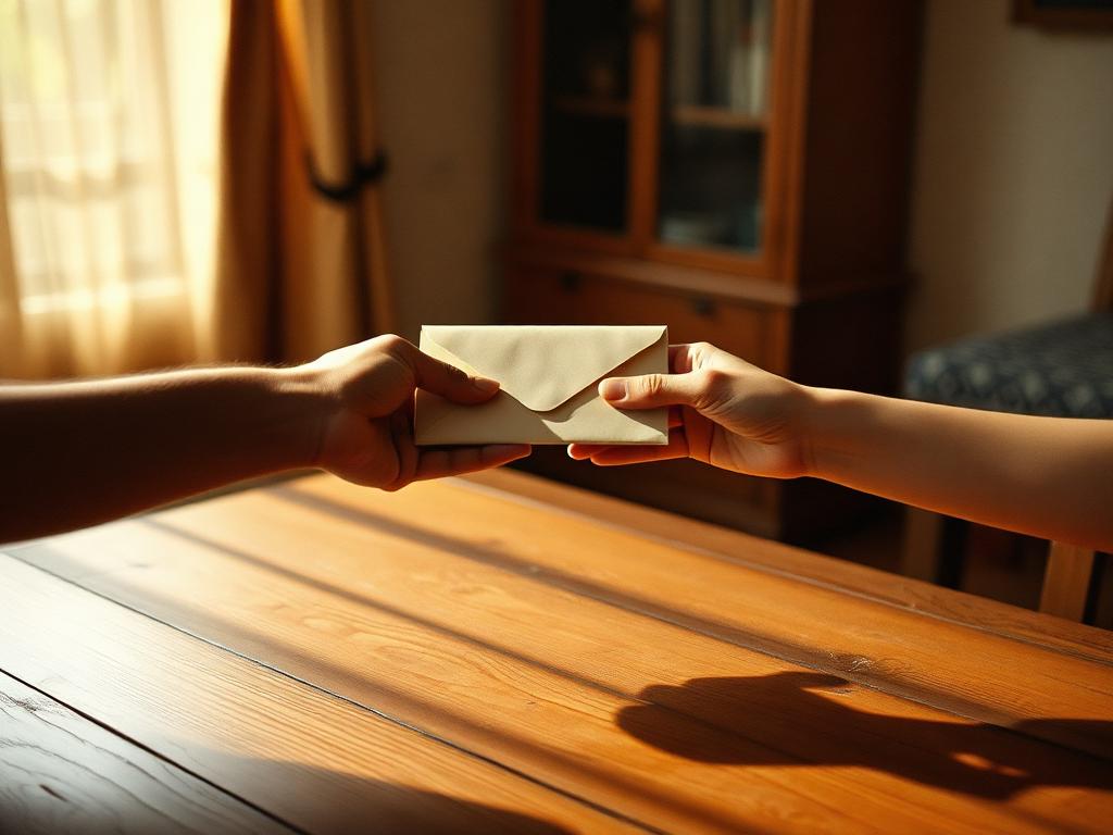 Two hands exchanging a cream final-settlement envelope across a wooden table in warm light