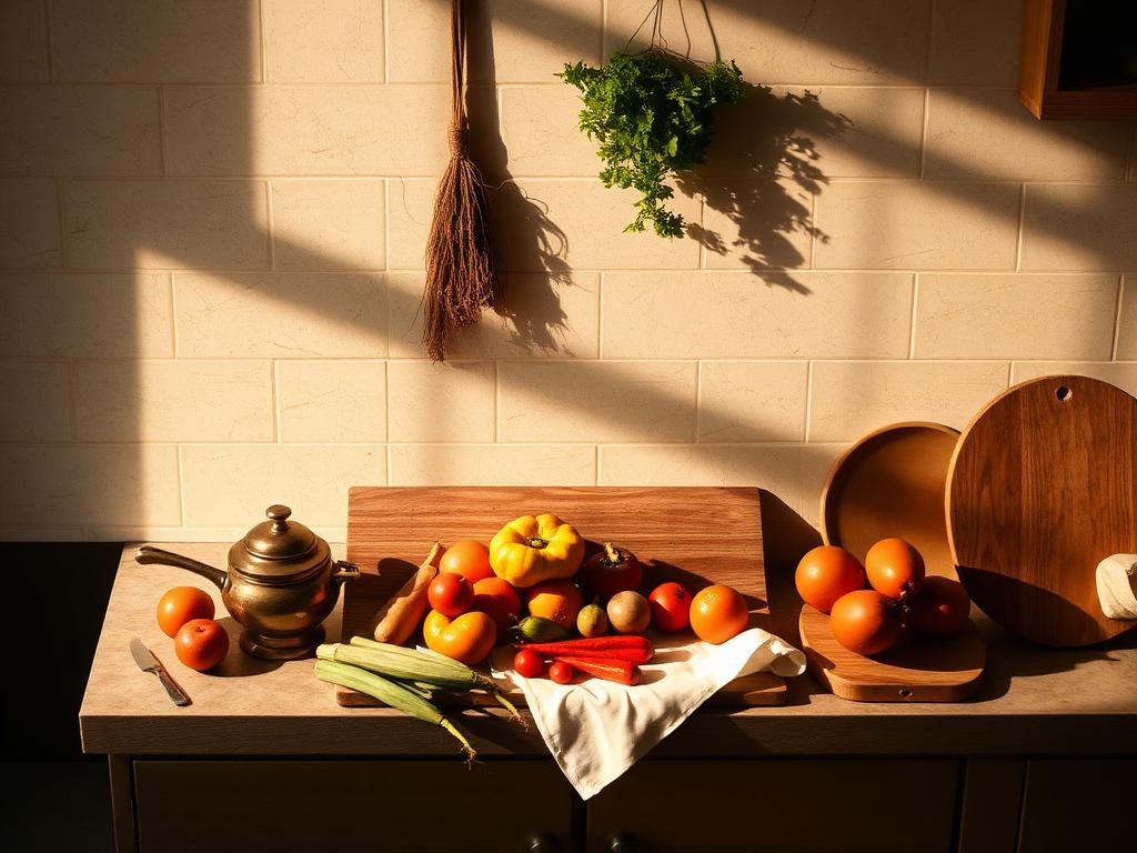 Overhead view of an Indian kitchen counter with fresh vegetables, a wooden board and brass vessels in daylight