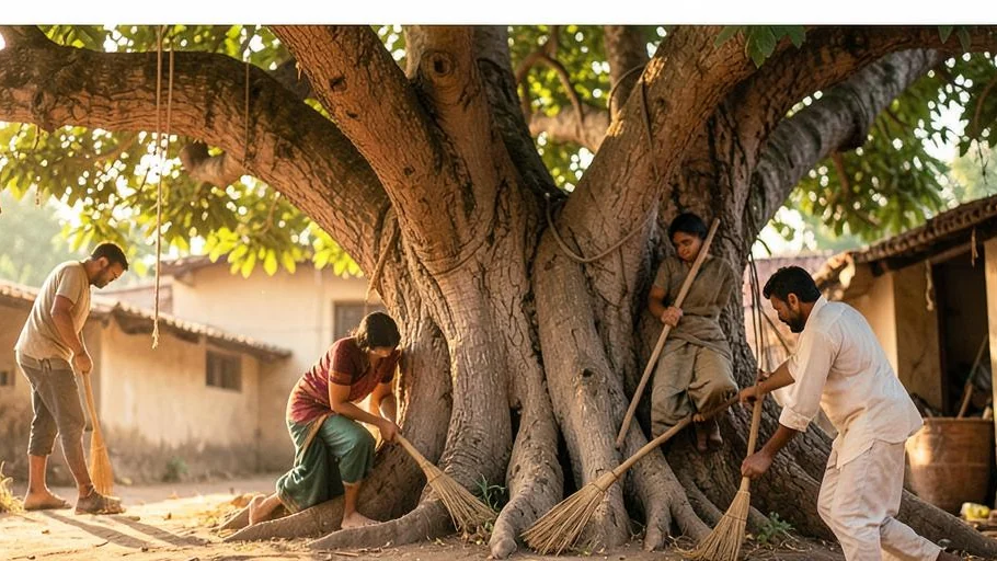 An adult domestic worker and potter beneath a banyan tree in a Maharashtra village courtyard