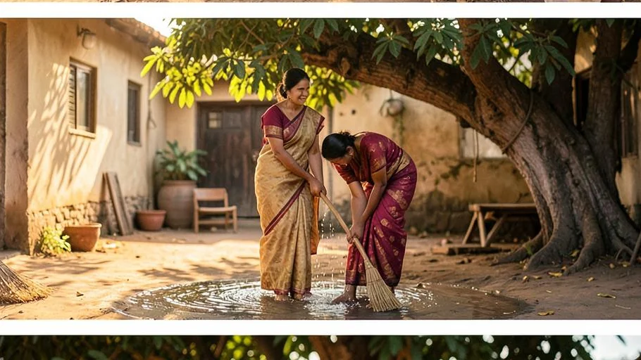 Lata and Raghav working together in a village courtyard beneath a banyan tree