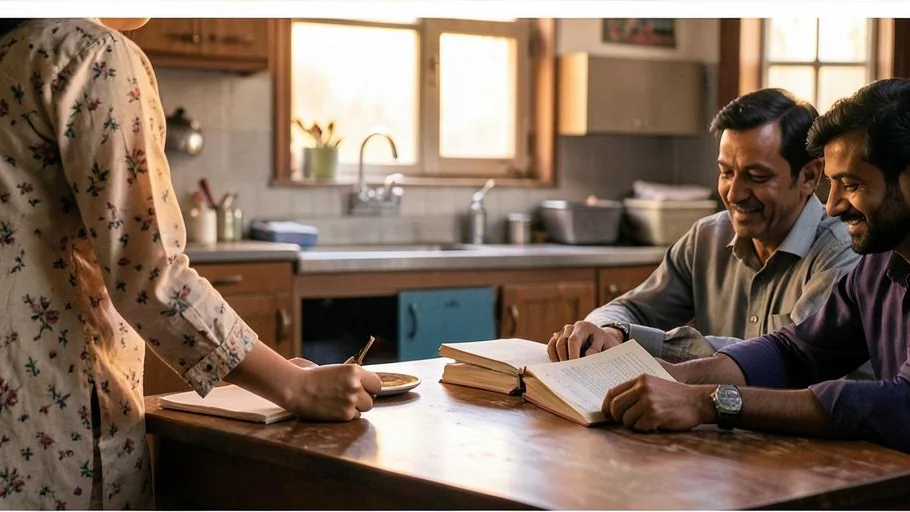 Sushma and Nikhil reading poetry together at a table in a book-filled home