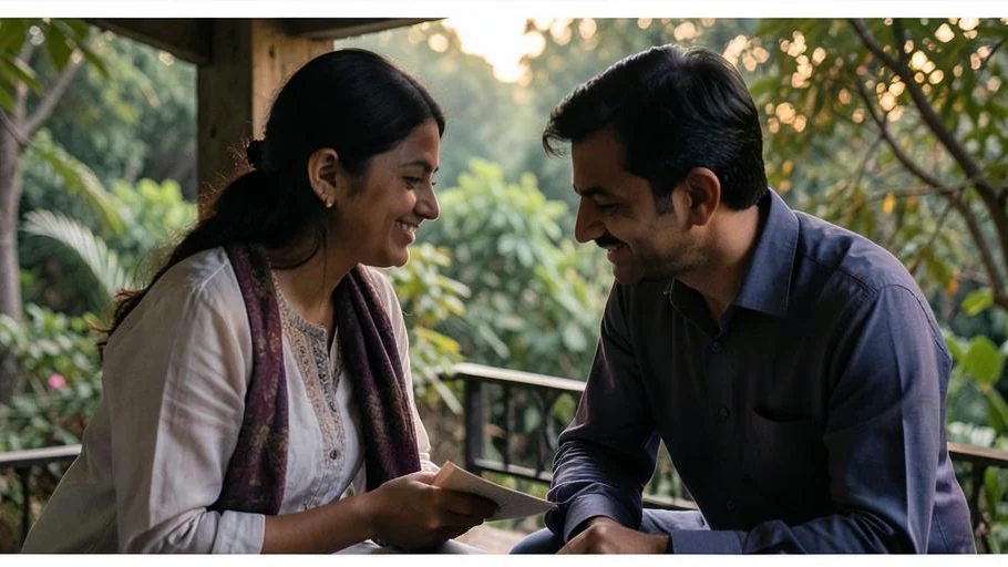 Two adults sharing a warm conversation on a Lucknow veranda at dusk