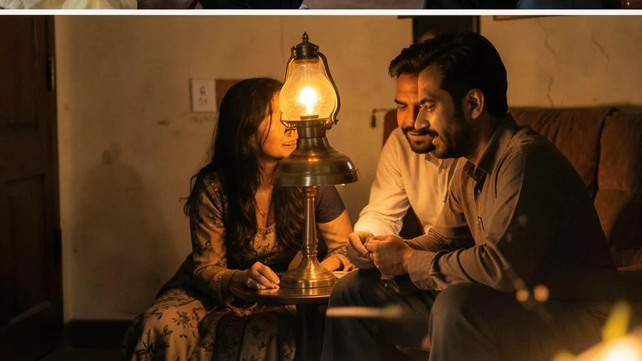 Farah and Dev talking beside a brass lamp during a guesthouse power cut