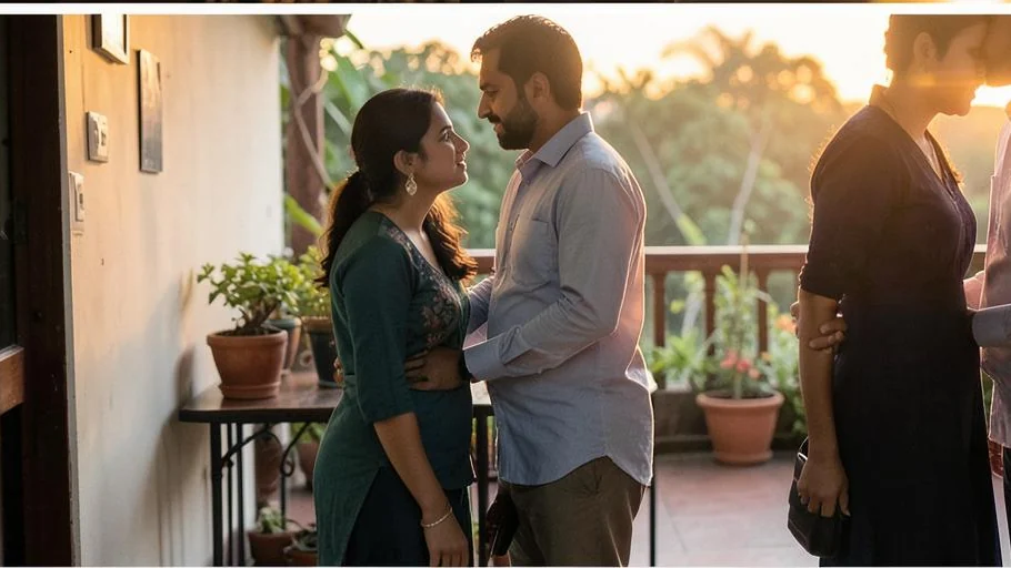 Two adults sharing a quiet sunrise on a Bengaluru guesthouse veranda