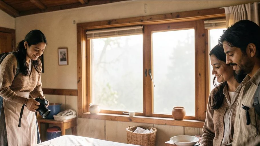 An adult domestic worker beside a cedar window with a photographer at a Himachal homestay
