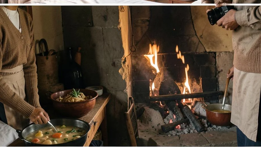 Tara and Aditya sharing soup beside the hearth in a hill-station homestay