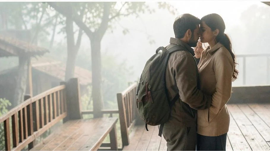 An adult couple standing close on a misty cedar veranda in Himachal