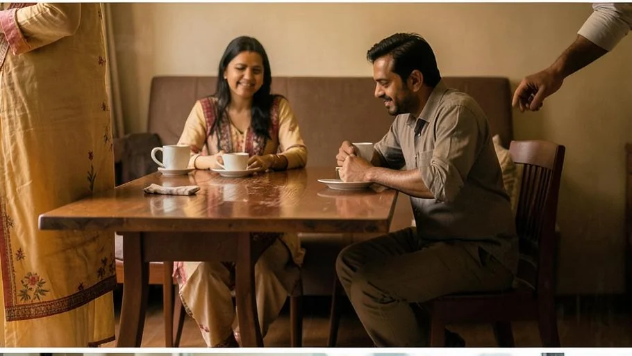 Two adults sharing tea beside a rain-streaked window in a Mumbai apartment