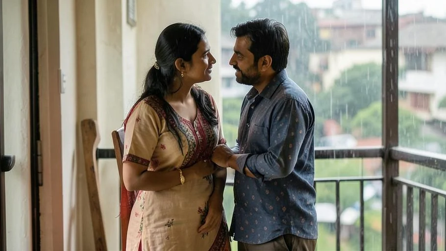 Meera and Kabir sharing a tender moment on a balcony after the rain