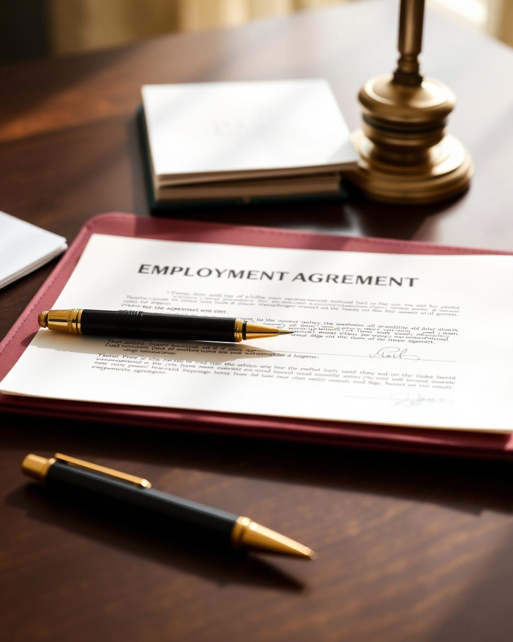 A printed domestic help employment agreement with signature lines and a black-and-brass pen resting on a wooden desk